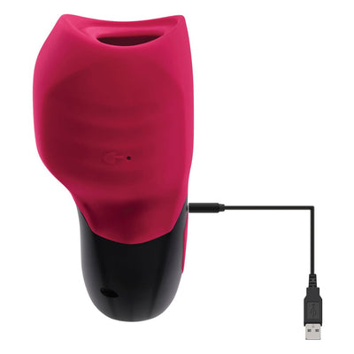 Red and black rechargeable suction toy with USB charging cable, featuring a soft silicone body and ergonomic design.
