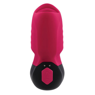 Red and black silicone suction toy with textured sides and two-button control panel on a white background.