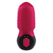 Red and black silicone suction toy with textured sides and two-button control panel on a white background.