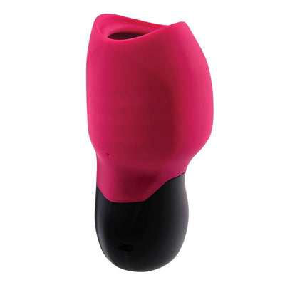 Red and black silicone suction toy with ergonomic shape and dual-function vibrating design.