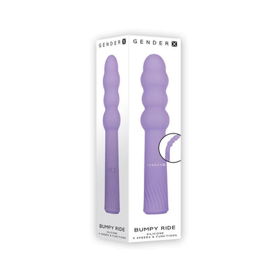 Purple Gender X Bumpy Ride beaded silicone vibrator with flexible shaft and textured handle shown in packaging box.