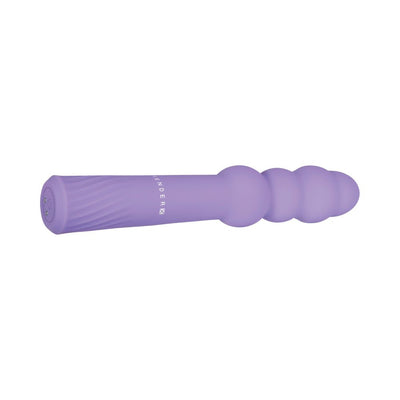 Purple silicone vibrating wand with four rounded beads and textured handle, Gender X Bumpy Ride design.