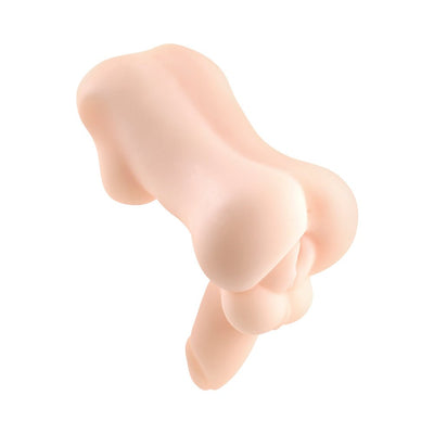 Soft, flesh-toned multi-textured stroker with curvy orbs and firm shaft, designed for versatile intimate use.