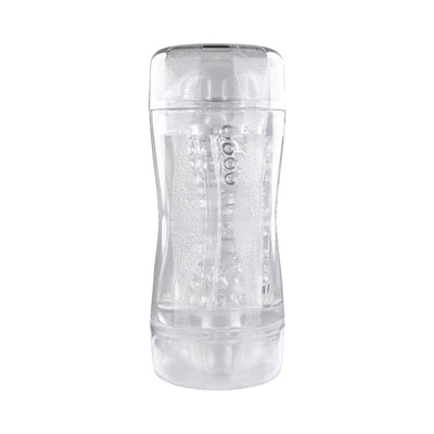 Clear dual-ended stroker with textured inner channels and removable caps for versatile pleasure and easy cleaning.