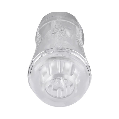 Clear dual-ended stroker with textured grip and removable inner sleeve for varied stimulation and easy cleaning.