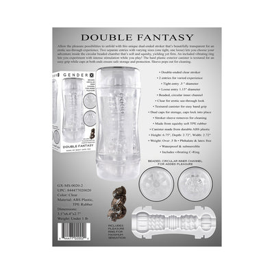 Clear dual-ended stroker with textured canister, two entry sizes, beaded inner channels, and included vibrating ring for varied stimulation.
