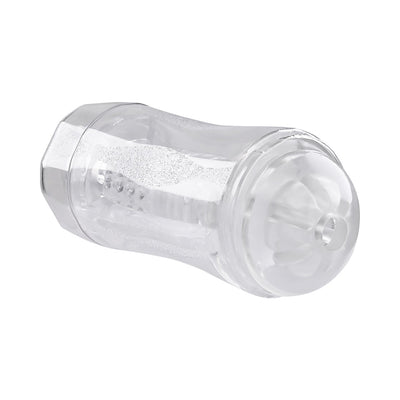 Clear dual-ended stroker with textured inner sleeve and removable caps for versatile pleasure and easy cleaning.