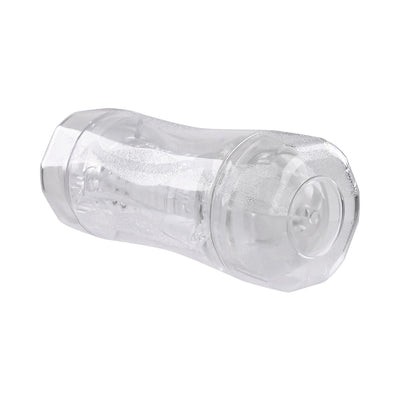 Clear dual-ended stroker with textured inner sleeve and hard plastic exterior for versatile pleasure and easy cleaning.