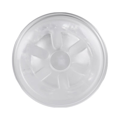 Top view of the clear dual-entry stroker sleeve showing textured inner channels and circular design.