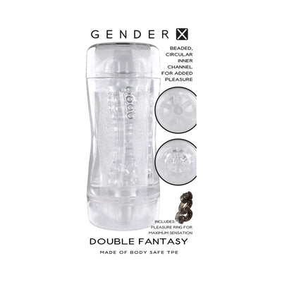 Clear dual-entry stroker with textured inner channels and included vibrating pleasure ring for enhanced sensation.