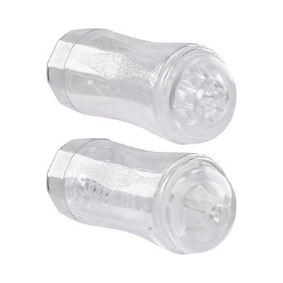 Clear dual-ended stroker with textured inner channels and removable caps for versatile pleasure and easy cleaning.