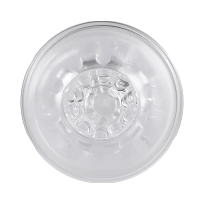 Top-down view of clear dual-entry stroker showing textured inner channels and circular opening design.