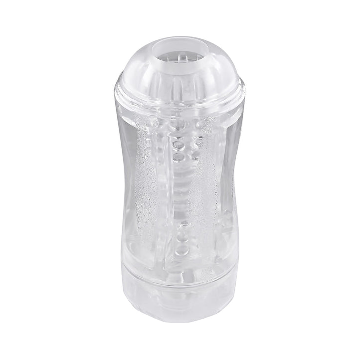 Clear dual-entry stroker with textured inner channels and removable caps for versatile pleasure and easy cleaning.