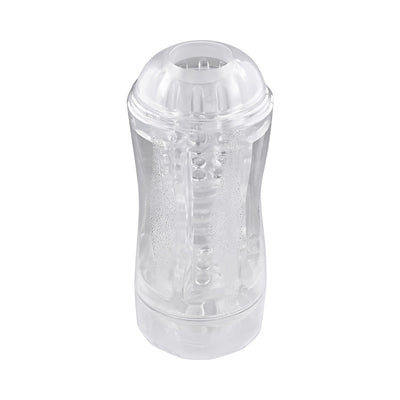 Clear dual-entry stroker with textured inner channels and removable caps for versatile pleasure and easy cleaning.