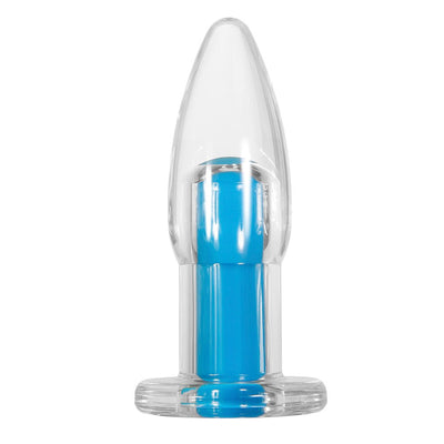 Clear tapered-tip plug with a bright blue inner bullet and flared base for safe, versatile use.