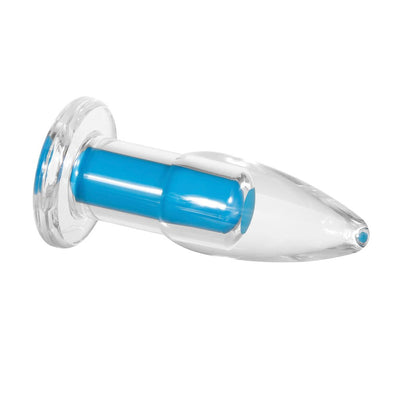Clear tapered plug with a vibrant electric blue inner core and flared base for safety and comfort.