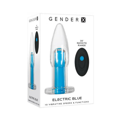 Packaging of Gender X Electric Blue Rechargeable vibrator with clear tapered design and remote control shown on white background.