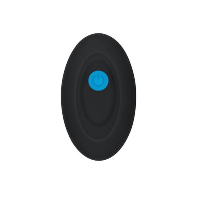 Black oval remote control with a blue power button for the Gender X Electric Blue Rechargeable vibrator.