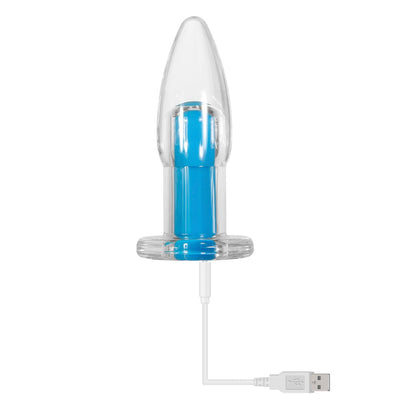 Clear tapered-tip plug with a vibrant electric blue inner bullet and USB magnetic charging cable attached.