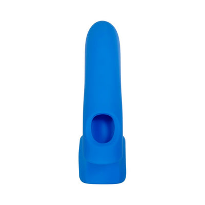 Blue silicone finger vibrator with a curved, textured shaft and an open finger loop design.