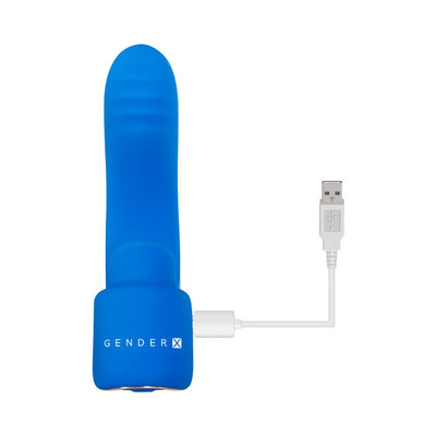 Blue Gender X Flick It Finger Vibrator with USB charging cable connected, showing sleek silicone design and compact size.