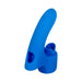 Blue silicone finger vibrator with curved shaft and textured tongue-flicking base for targeted stimulation.