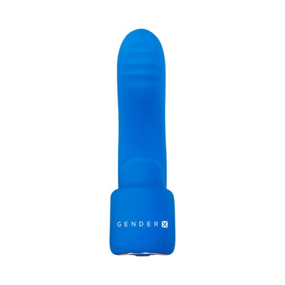 Blue Gender X Flick It finger vibrator with smooth silicone texture and compact design.