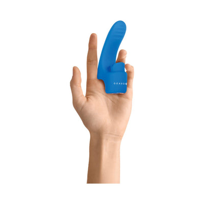 Hand holding a blue Gender X Flick It Finger Vibrator designed for targeted stimulation with a flexible, textured shaft.