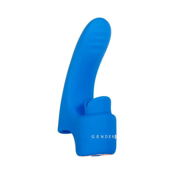 Blue Gender X Flick It finger vibrator with curved textured shaft and tongue-flicking base, made of smooth silicone.