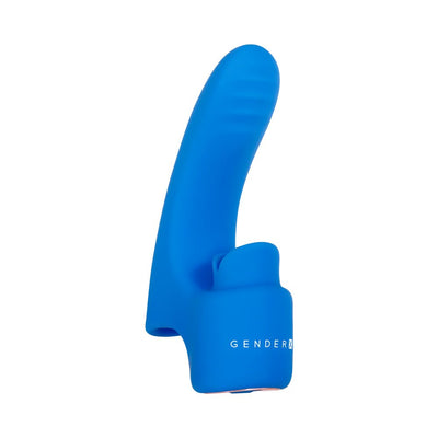 Blue Gender X Flick It finger vibrator with curved textured shaft and tongue-flicking base, made of smooth silicone.