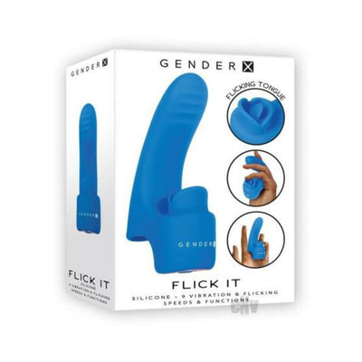 Packaging of Gender X Flick It Finger Vibrator in blue, showing the silicone design and finger-worn shape with flicking tongue feature.
