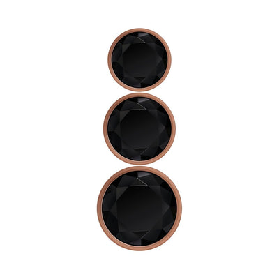 Three rose gold beaded anal plugs with large faceted black gemstone bases in small, medium, and large sizes.