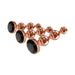 Three rose gold metal beaded anal plugs in small, medium, and large sizes with black gemstone bases arranged on white background.