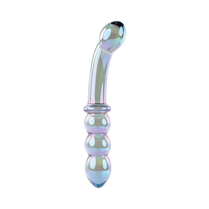 Iridescent glass dual-ended massager with a curved bulb tip and triple-beaded textured end in green, blue, and violet hues.