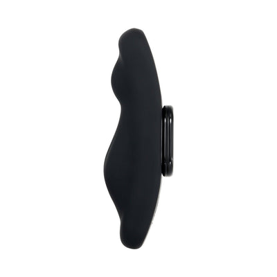 Black silicone curved universal undie vibe with magnetic base for discreet hands-free use.