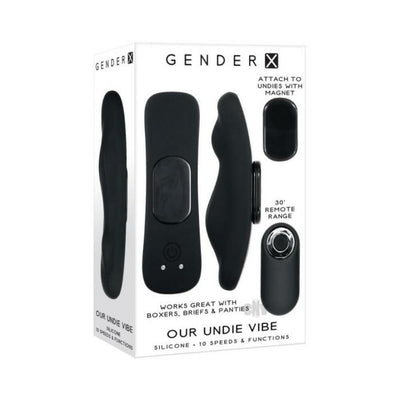 Packaging of Gender X Our Undie Vibe Black showing the curved silicone vibe, magnetic attachment, and remote control with 10 speeds.