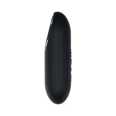 Sleek black remote control for a versatile, rechargeable undie vibe with ergonomic curved design and side buttons.