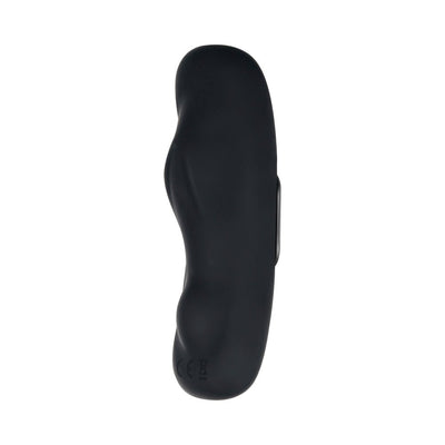Black silicone universal undie vibe with ergonomic curves and a magnetic strip for discreet placement.