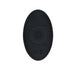 Black oval-shaped remote control with circular textured button and certification markings on a white background.