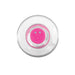 Top view of clear vibrating toy showing pink power button and transparent curved design.