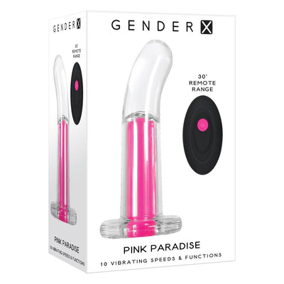Packaging of Gender X Pink Paradise rechargeable clear curved vibrator with pink bullet and black remote control.