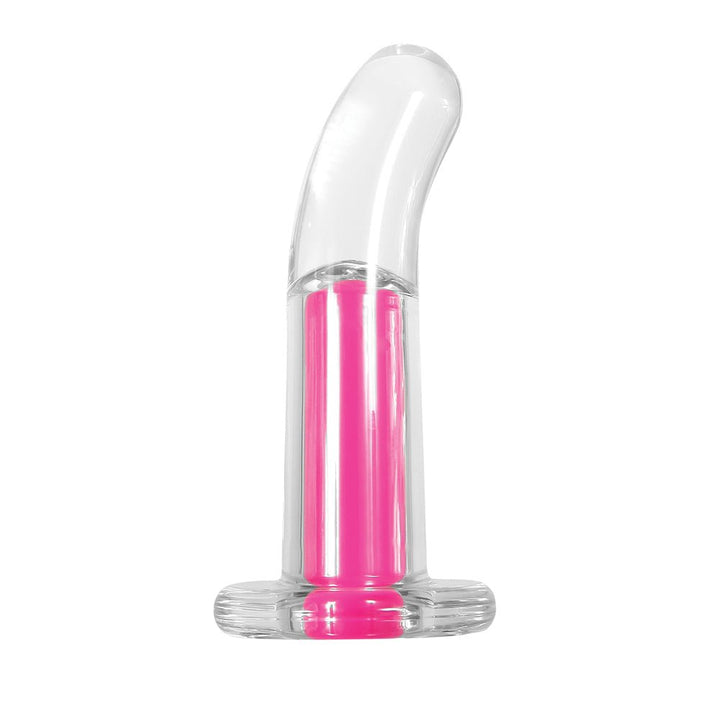 Clear curved vibrating toy with bright pink inner bullet and flared base on white background.