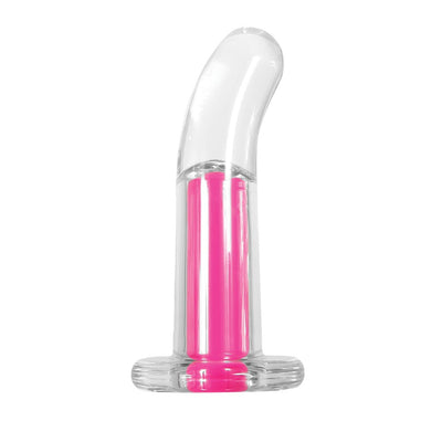 Clear curved vibrating toy with bright pink inner bullet and flared base on white background.