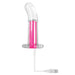 Clear curved vibrator with hot pink inner bullet and USB charging cable attached on white background.