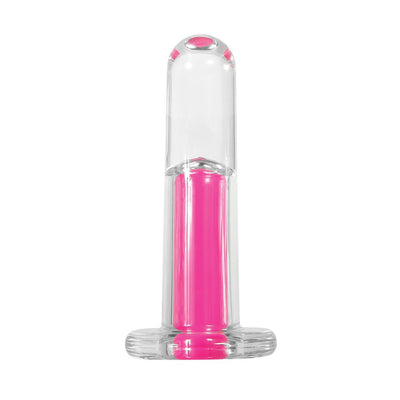Clear curved vibrator with a vibrant pink inner bullet and flared base for safe, comfortable use.