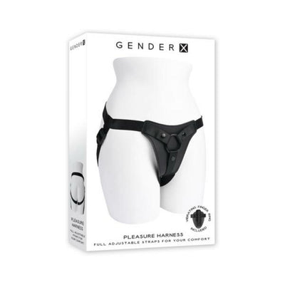 Packaging of Gender X Pleasure Harness featuring a black adjustable faux-leather strap-on harness on a white mannequin torso.