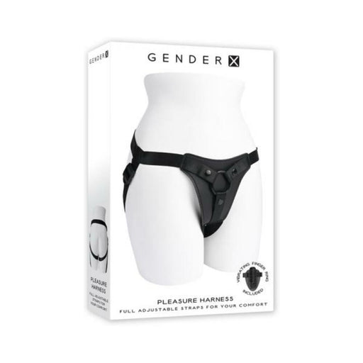 Packaging of Gender X Pleasure Harness featuring a black adjustable faux-leather strap-on harness on a white mannequin torso.