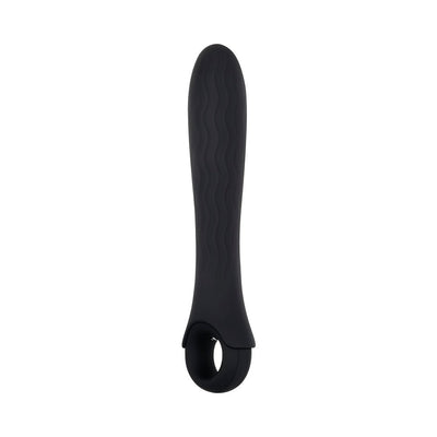 Black silicone vibrator with wavy texture and ring handle for easy grip, designed for powerful, versatile use.