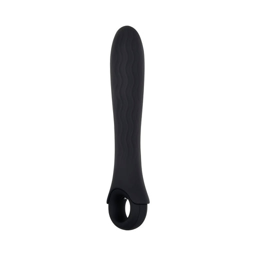 Black silicone vibrator with wavy texture and ring handle for easy grip, designed for powerful, versatile use.