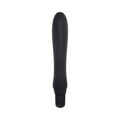 Black silicone vibrator with wavy texture and ergonomic ring handle for secure grip, rechargeable and waterproof design.